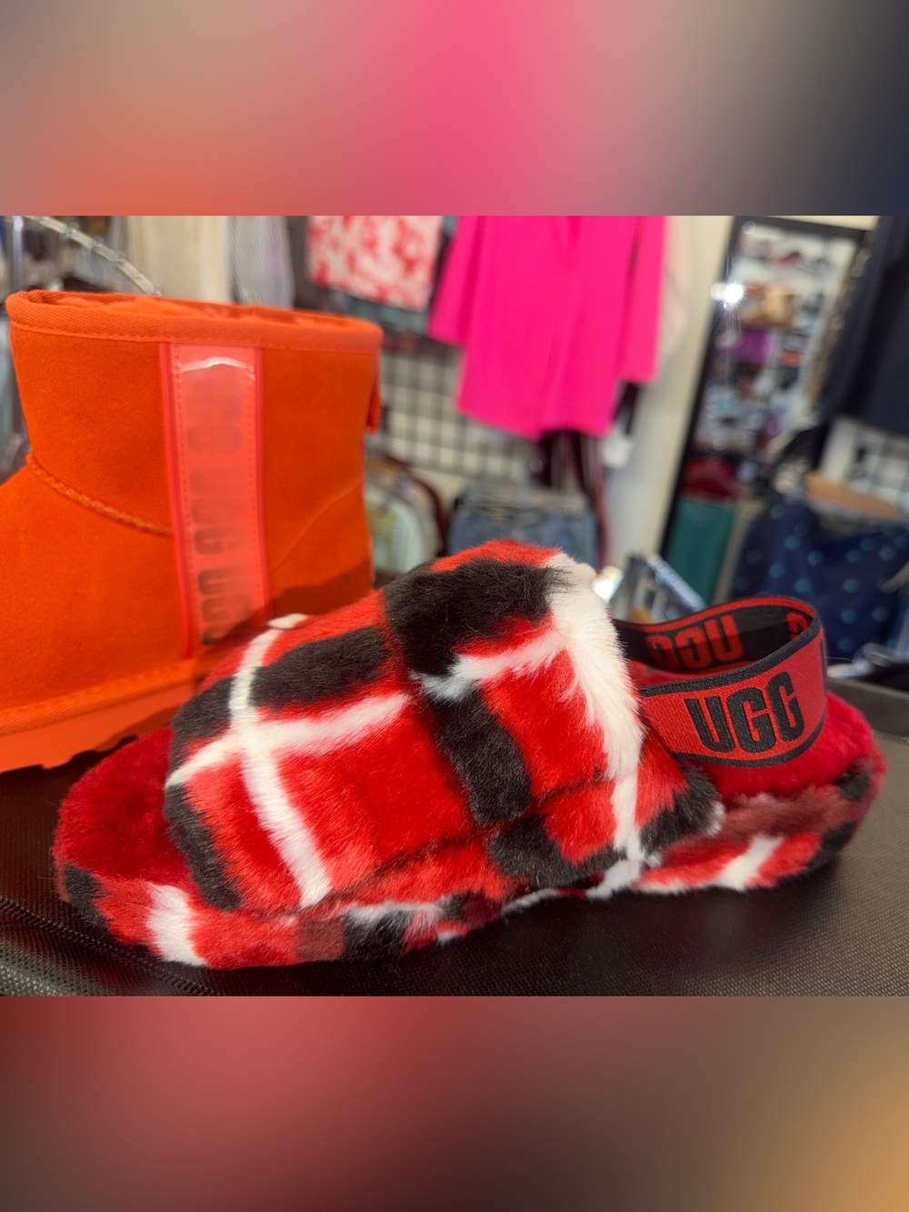 UGG Red Black White Plaid Fuzz Slide